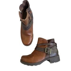 Leather Moto boot bootie 9w cognac brown ankle comfortable flat fall riding